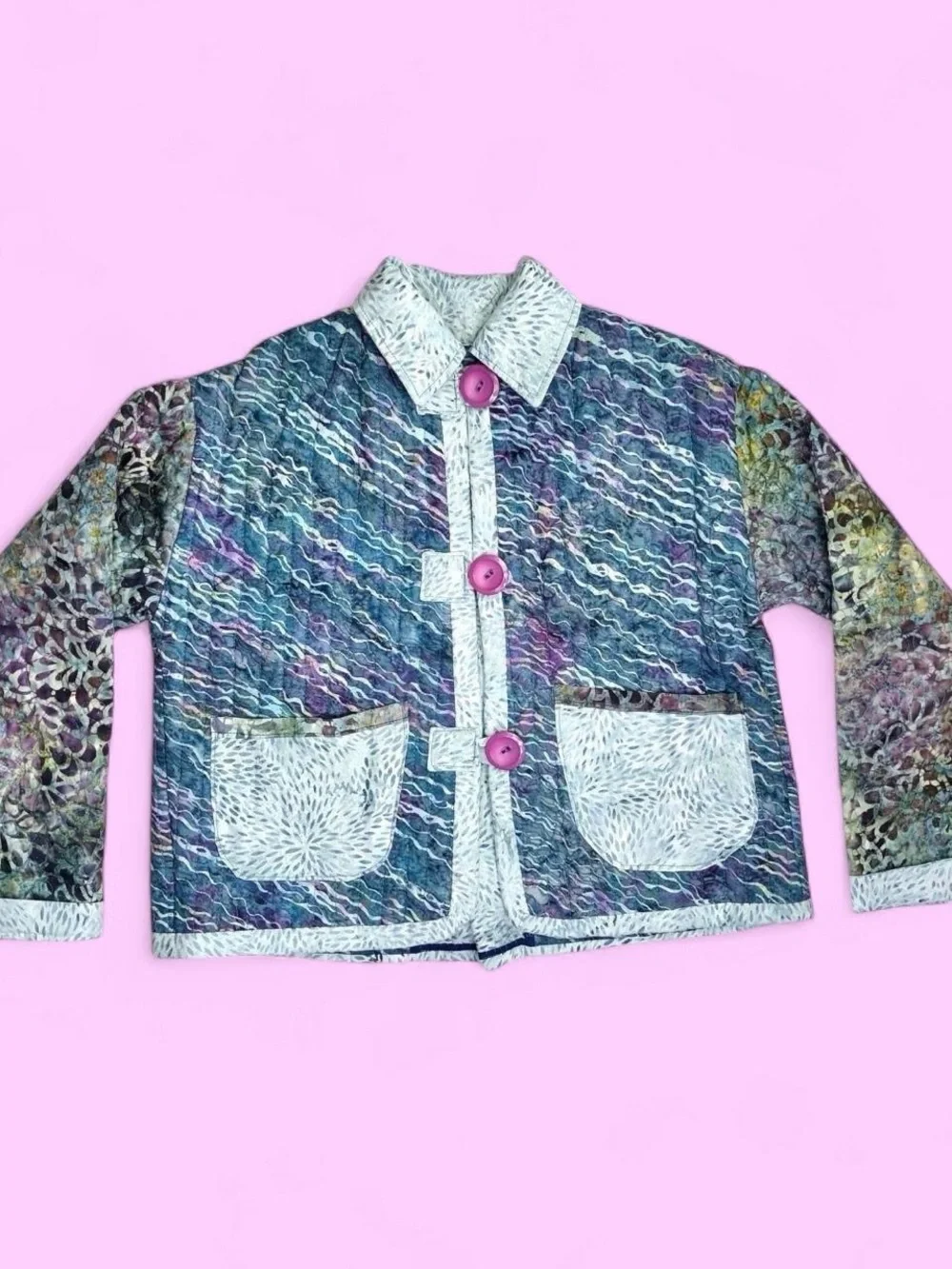 Vintage Kids Unisex SZ (S/M) Blue Batik Quilted Patchwork Jacket
